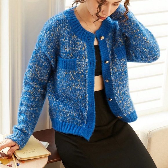 Blue Casual Womens Knit Mix Marled Knit Drop Shoulder Cardigan - Picture 4 of 6